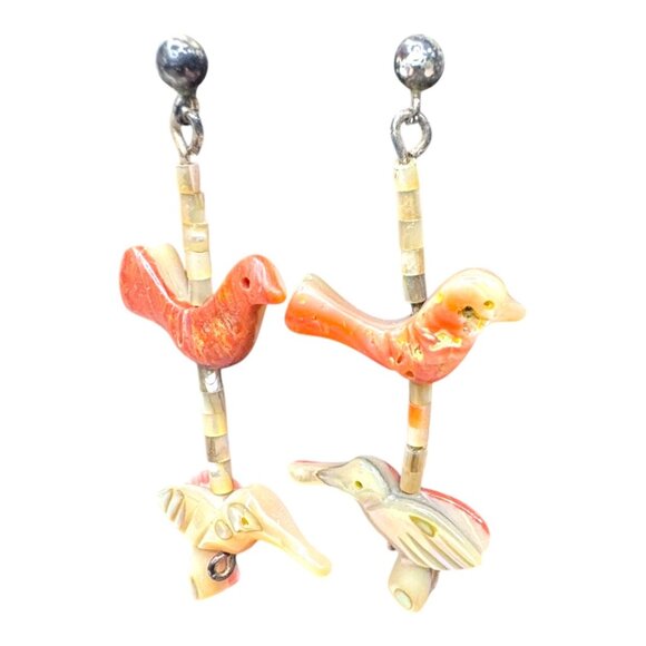 Vintage Zuni Bird Fish Fetish Necklace Matching Earrings Carved Native American - Picture 8 of 15